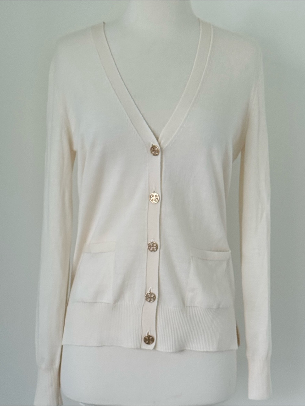 Tory Burch MADELINE Ivory Cardigan Gold Logo Buttons Front Pockets Size S